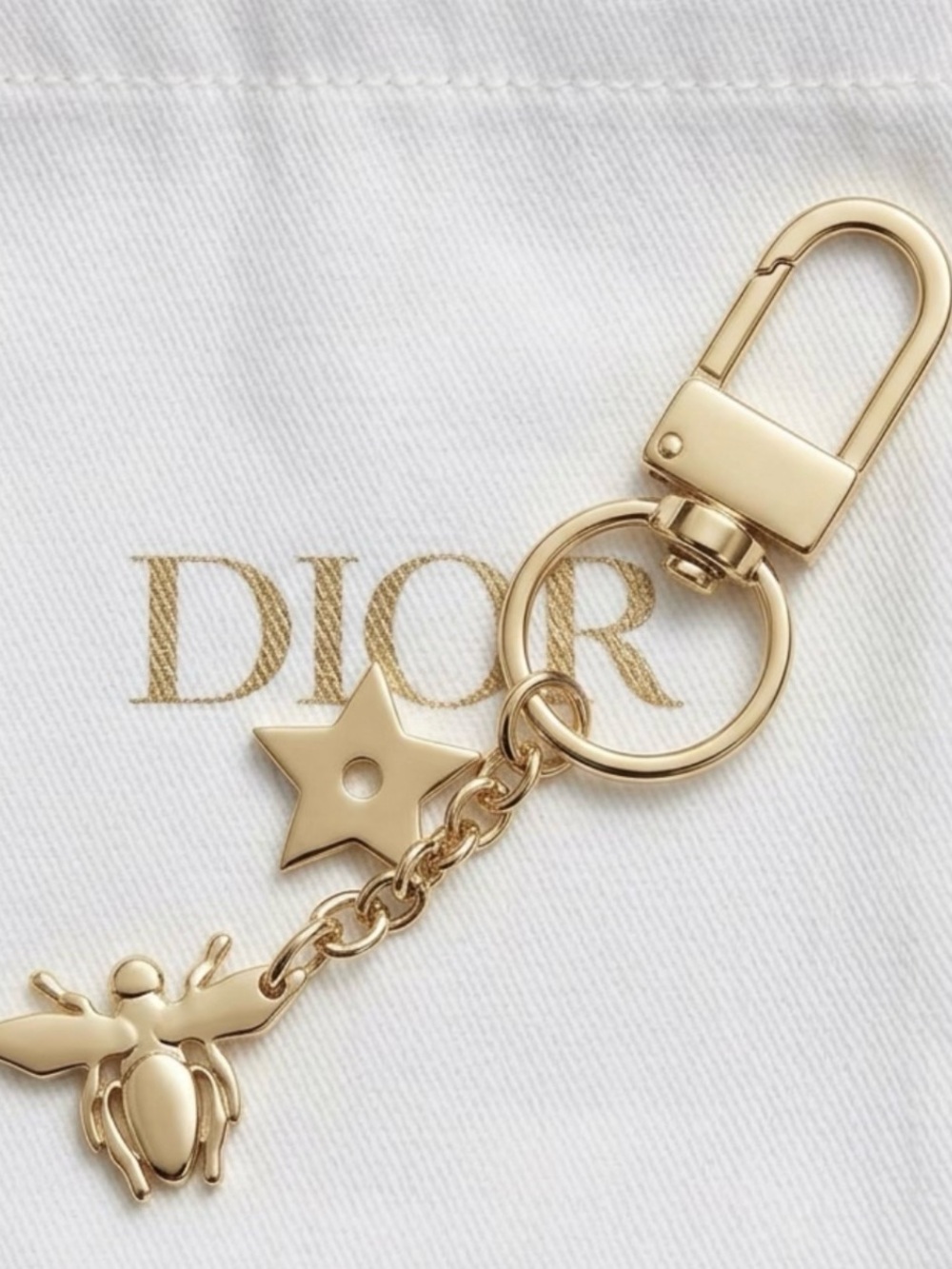 New Authentic Dior Gold Star & Bee Charm Key Holder+ Dior drawstring dust pouch